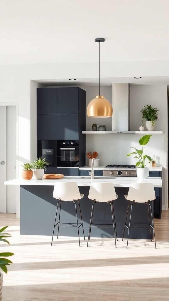 A modern small kitchen with a dark island, light countertops, and stylish bar stools.