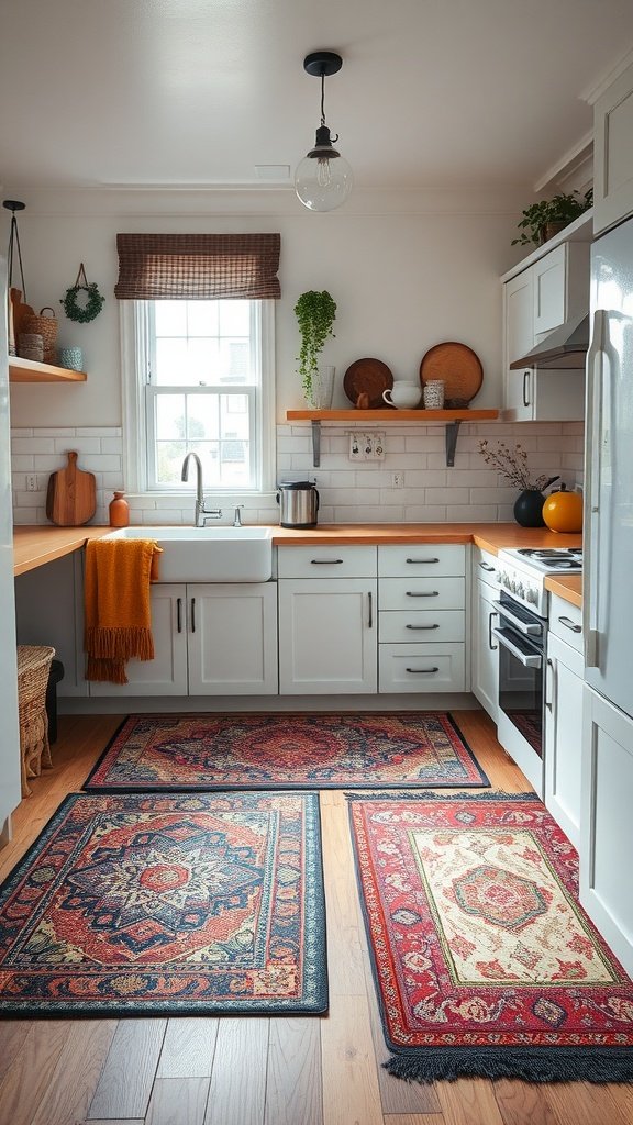 A small kitchen featuring multiple area rugs on the floor with traditional patterns, warm colors, and a cozy atmosphere.