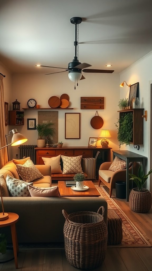 Cozy small farmhouse living room with a neutral color palette, comfortable sofa, wooden coffee table, and plants.
