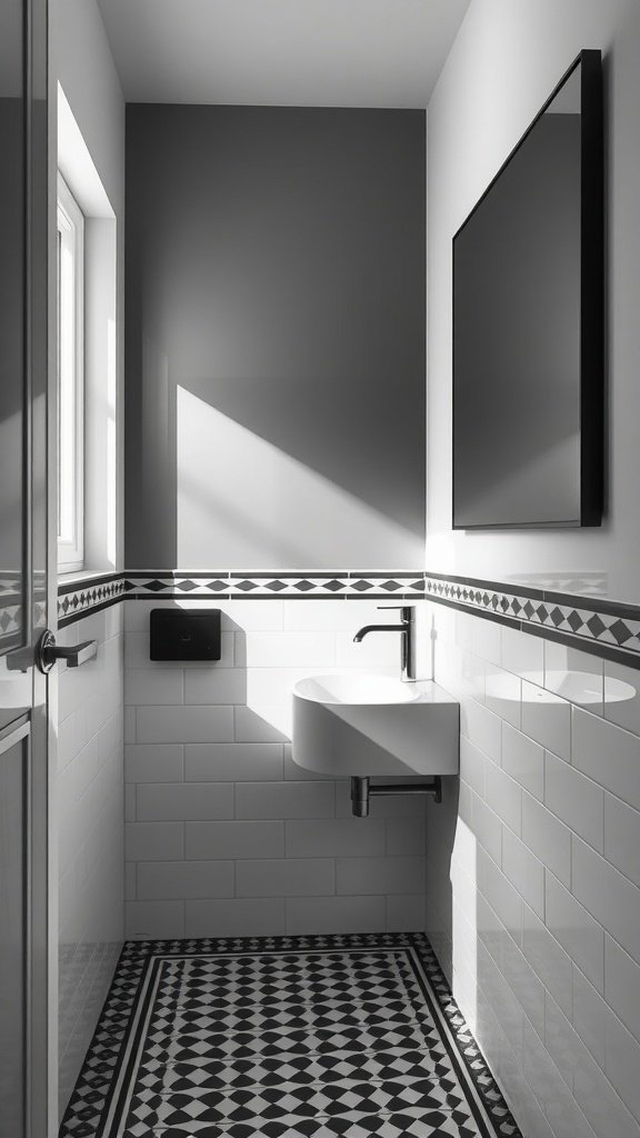 A small, minimalistic black and white bathroom featuring a sleek design with a compact sink, geometric patterned floor tiles, and a modern aesthetic.