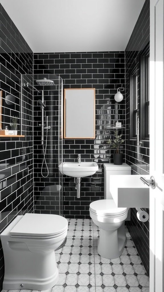 A small monochrome bathroom featuring black subway tiles, white fixtures, and a sleek design.