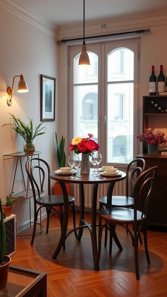 A small, stylish dining area featuring a round table with elegant chairs, fresh flowers, and natural light