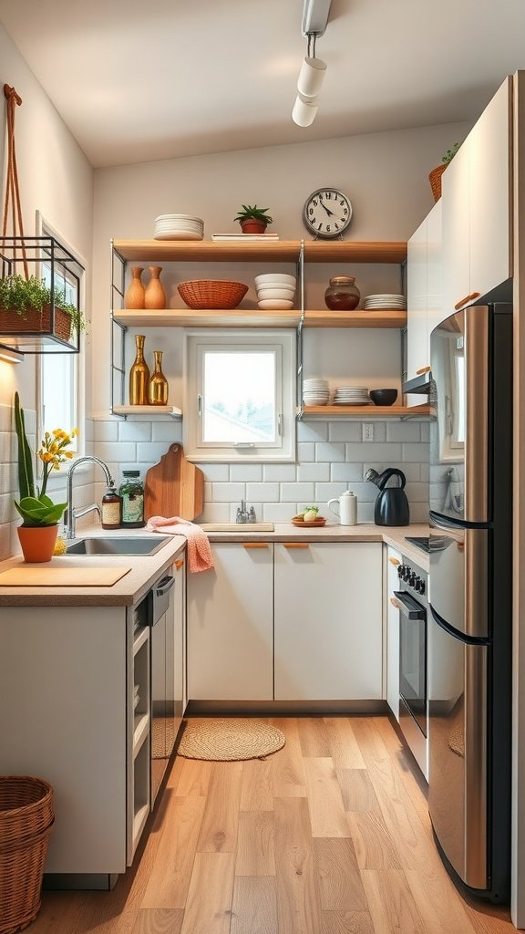 A cozy U-shaped kitchen featuring open shelving, wood accents, and a warm color palette.