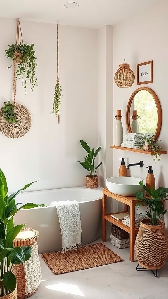 A soft bathroom featuring modern and bohemian elements, with plants, a round mirror, and wooden decor.