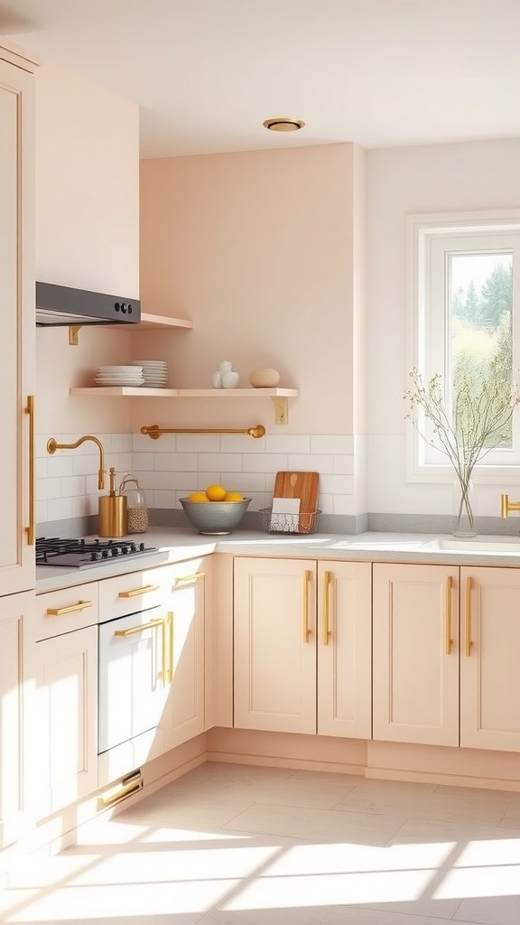A small modern kitchen with soft blush colors and gold accents, featuring a gas stove, cabinets, and natural light.