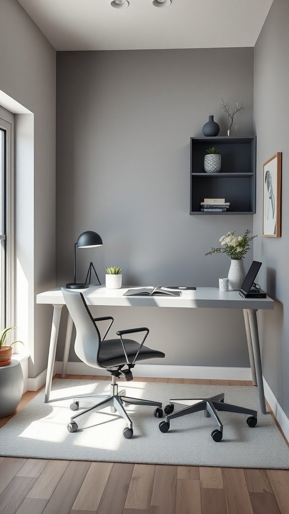 Minimalist home office setup featuring a soft gray wall, sleek desk, ergonomic chair, and decorative plants.