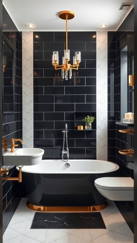 Sophisticated bathroom featuring a black, white, and gold color scheme with a freestanding bathtub and elegant lighting.
