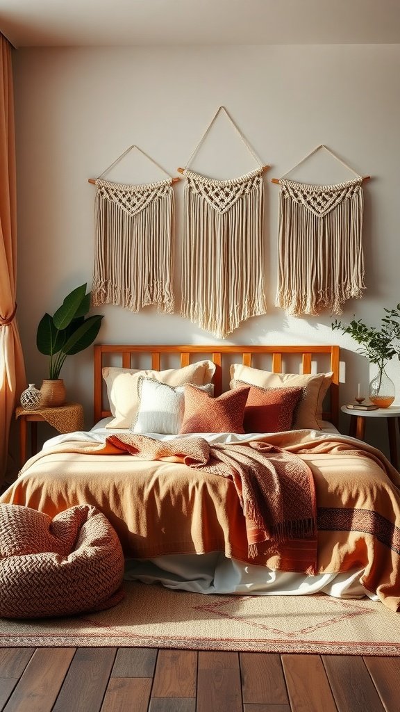 Boho bedroom featuring a wooden bed with warm-toned bedding, decorative pillows, macramé wall art, and a plant beside the bed.