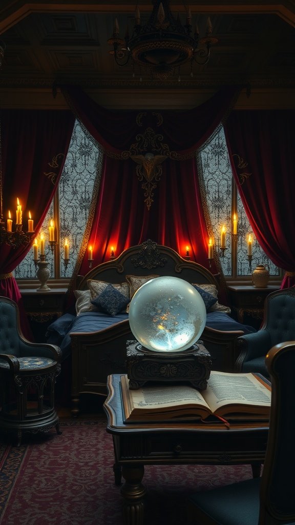 A cozy bedroom with rich red curtains, a crystal ball on a table, and candlelight creating a mystical atmosphere.