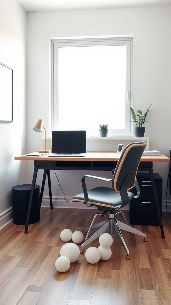 A minimalist home office with a wooden desk, ergonomic chair, potted plants, and a modern lamp.