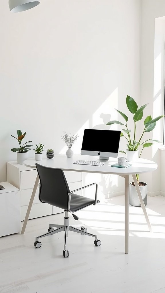Minimalist home office setup with a white desk, dark chair, and plants.