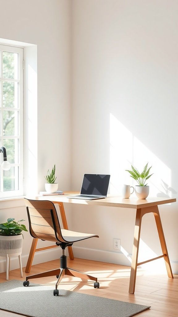 A light wood modern minimalist home office with a desk, laptop, and plants, illuminated by natural light.