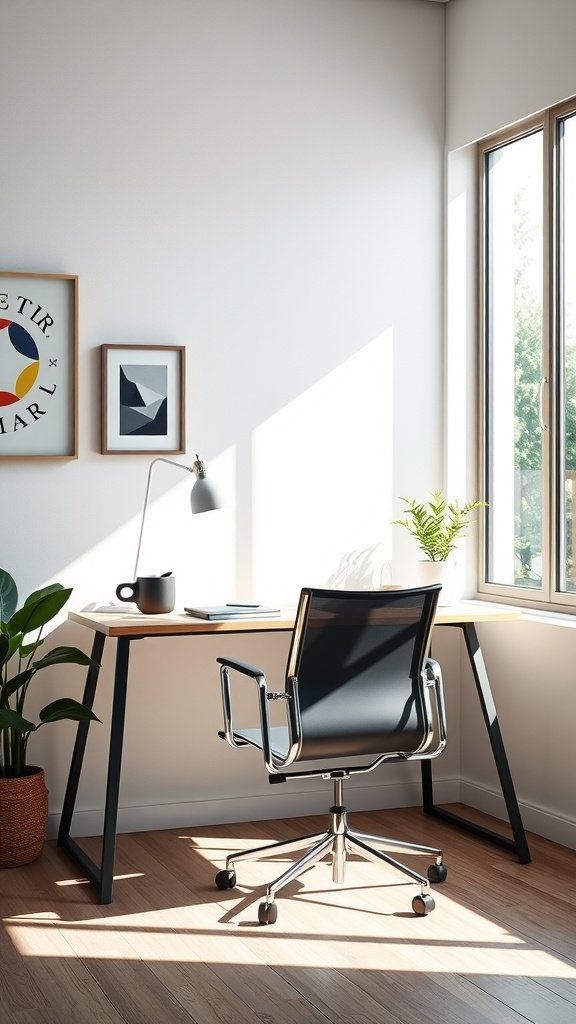 A minimalist home office featuring a wooden desk, black chair, and natural light.