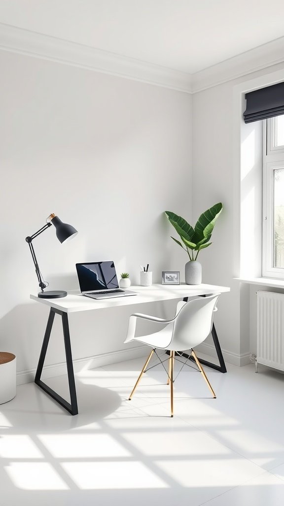 A minimalist home office setup featuring a white desk, laptop, stylish chair, and a potted plant.