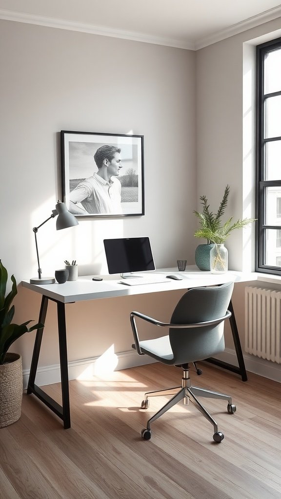 A minimalist home office with a desk, chair, computer, plant, and black-and-white artwork.