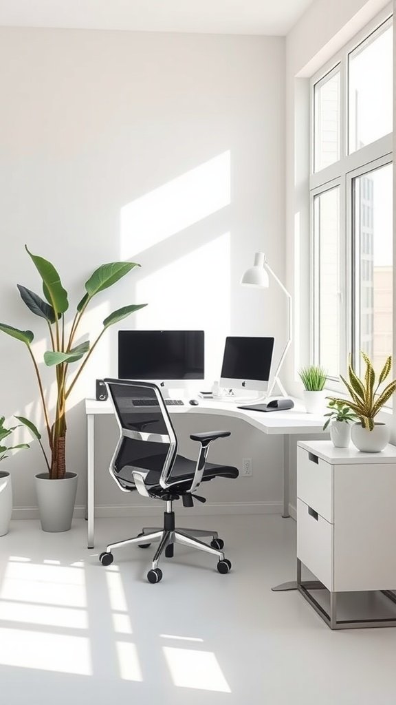 A minimalist home office featuring a modern desk with dual monitors, a comfortable chair, and potted plants.