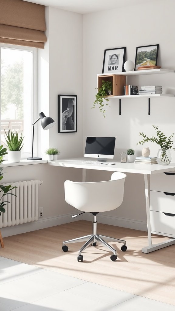 A minimalist home office setup featuring a white desk, swivel chair, plants, and wall shelves.