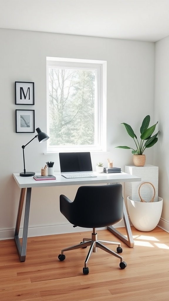 A minimalist home office with a white desk, black chair, and plants