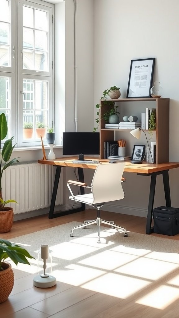 Minimalist home office setup with wooden desk, white chair, and shelves with plants.