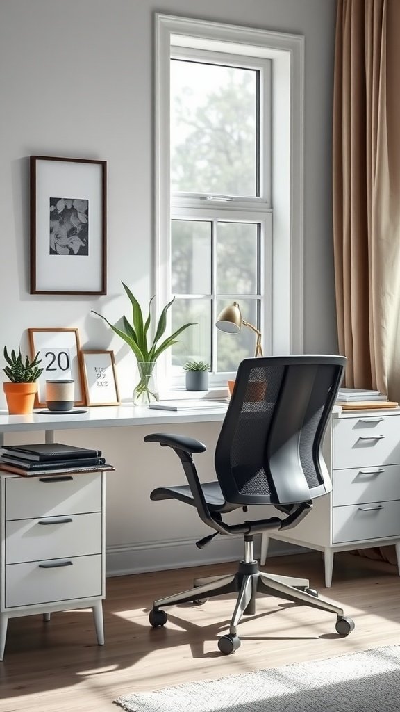 A minimalist home office setup featuring a desk, ergonomic chair, and plants by a window.