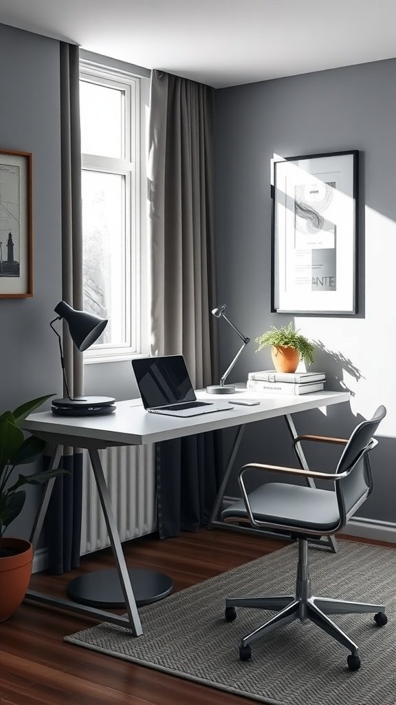 Minimalist home office with a sleek desk, ergonomic chair, laptop, and potted plant.