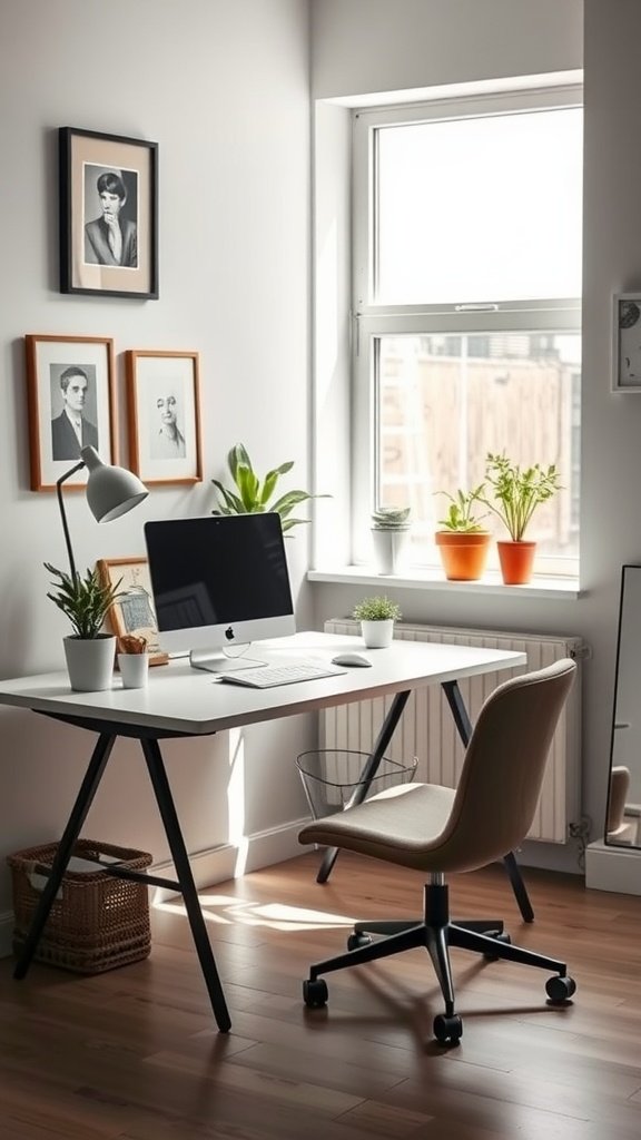 Minimalist home office with a desk, iMac, plants, and framed artwork