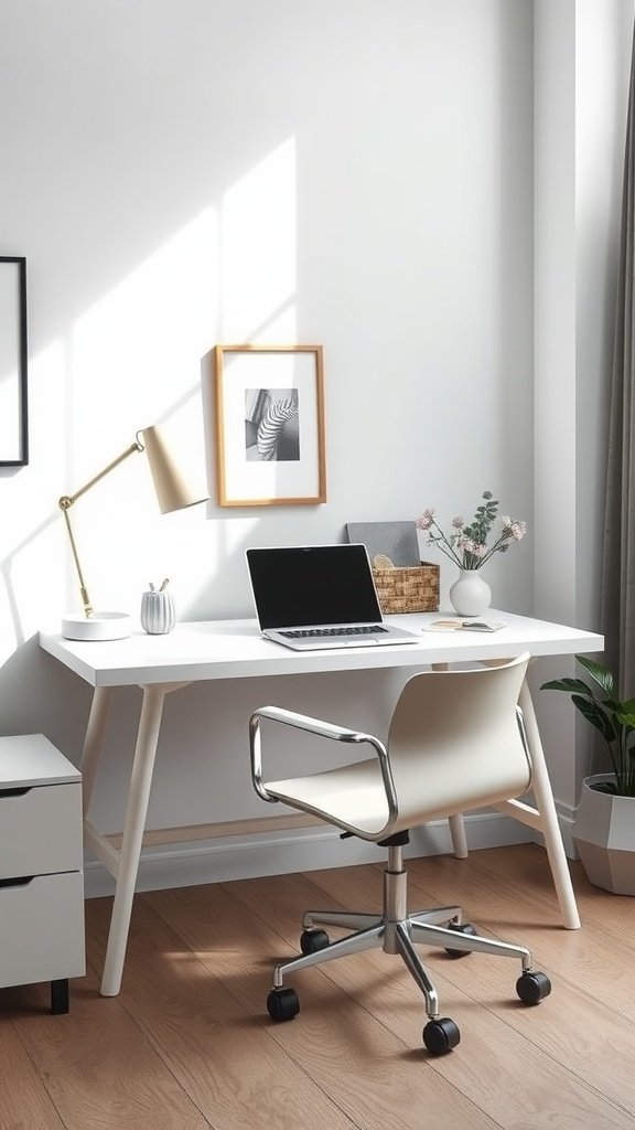 A minimalist home office setup featuring a white desk, modern chair, laptop, and decorative elements.