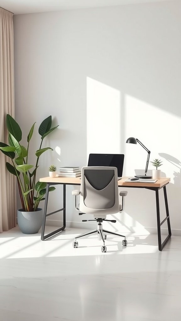 Minimalist home office setup with a desk, chair, laptop, plants, and natural light