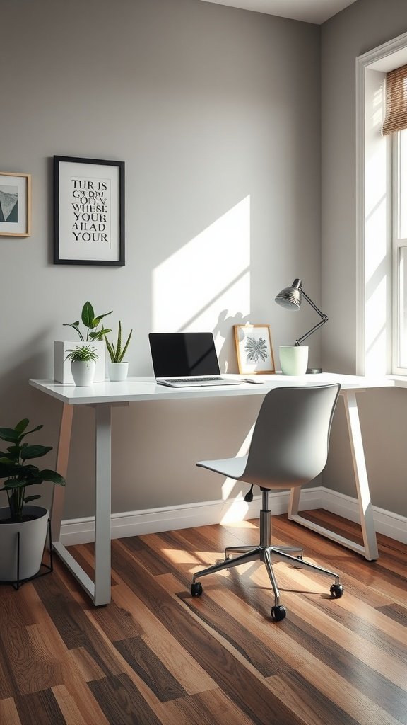 A minimalist home office with a white desk, laptop, plants, and a lamp beside a window.