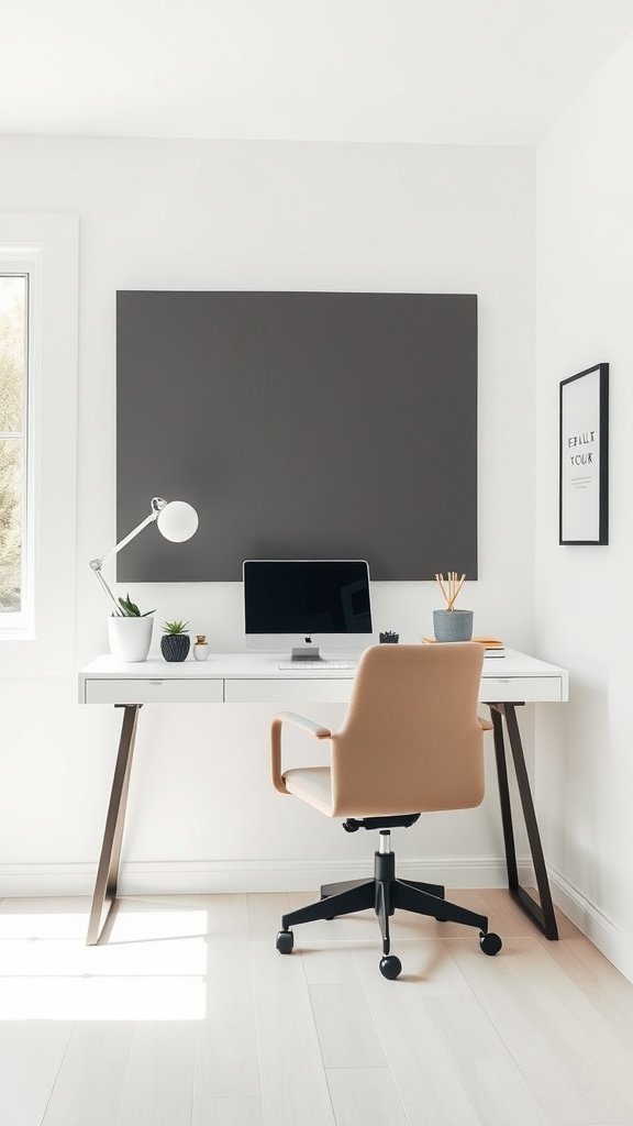 Minimalist home office with a desk, chair, computer, and plants.