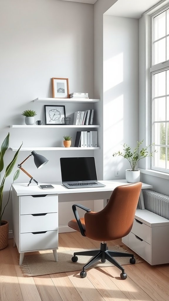 A minimalist home office setup featuring a white desk, a brown chair, and natural light from a large window.