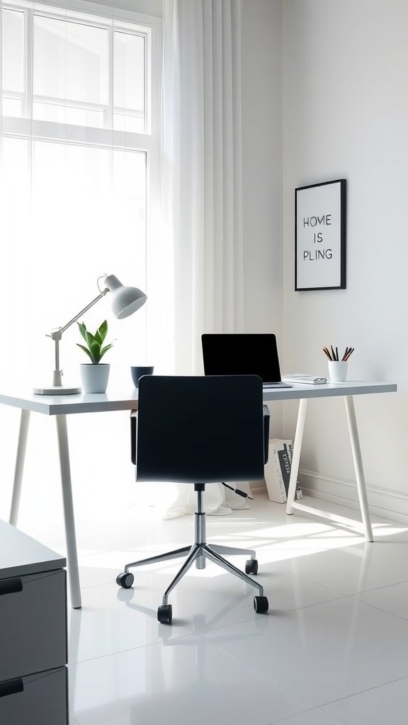 A minimalist home office setup featuring a desk, chair, laptop, lamp, and a potted plant in a bright space.