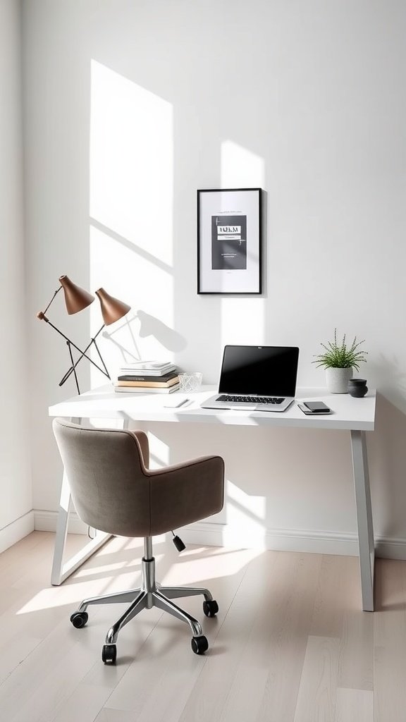 Minimalist home office setup with a white desk, laptop, cozy chair, and stylish lamps.