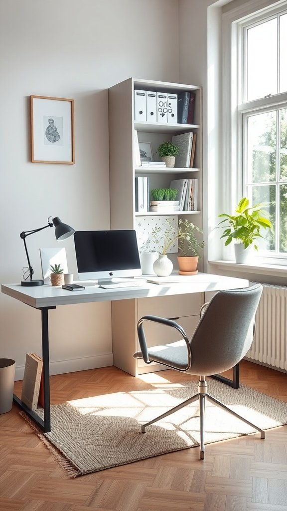 Minimalist home office setup with a desk, chair, computer, and shelving unit