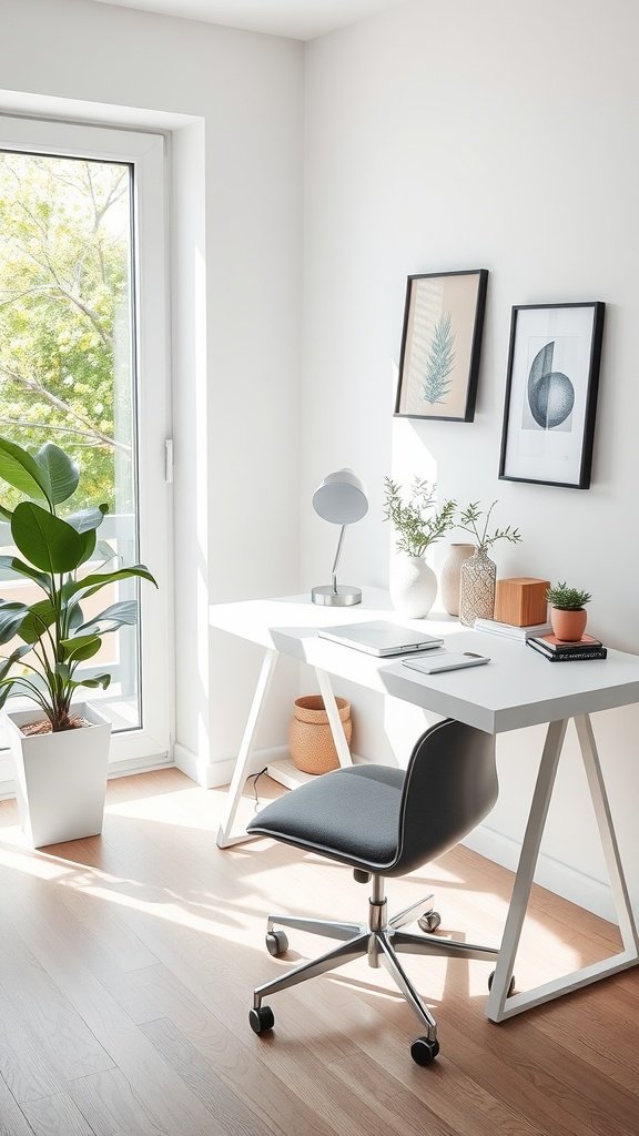 Minimalist home office with a white desk, gray chair, and plants, featuring natural light from a large window.