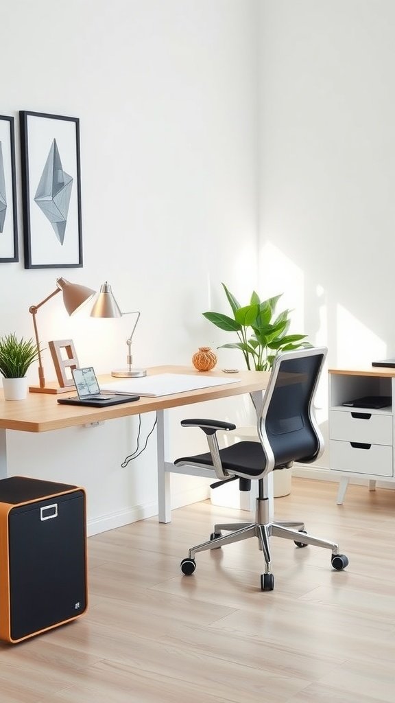 Minimalist home office setup with wooden desk, chair, laptop, and plant