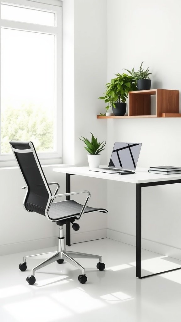 A minimalist home office setup with a white desk, ergonomic chair, laptop, and plants.