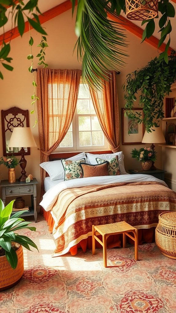 A beautifully decorated bedroom featuring warm tones, layered bedding, hanging plants, and rustic furniture, embodying Southern Boho charm.