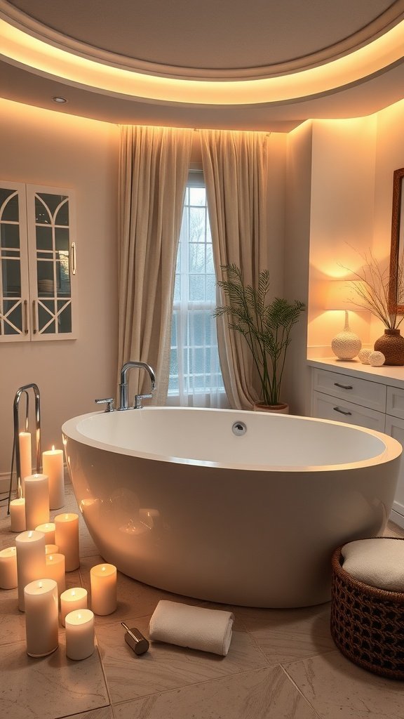 A luxurious, modern bathtub surrounded by candles and soft lighting, creating a serene spa-like atmosphere.