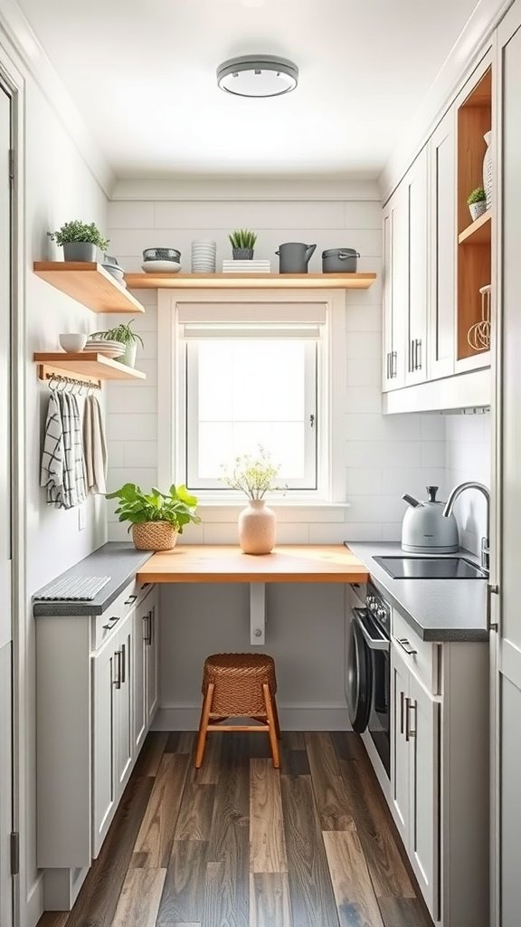 A sleek, space-efficient small kitchen featuring open shelving, a wooden countertop, and potted plants.