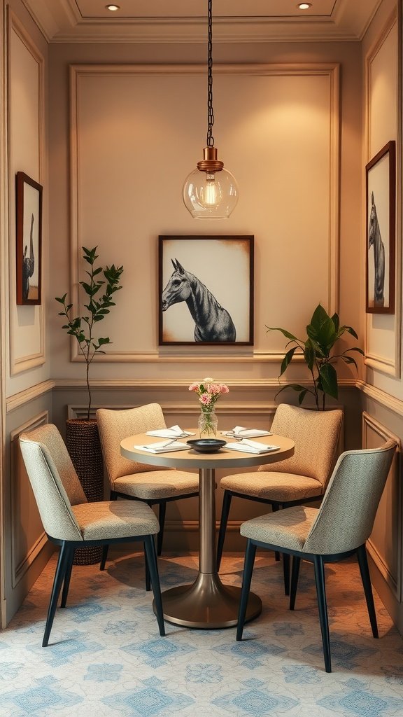 A cozy dining nook featuring a round table with plush chairs, warm lighting, and framed horse artwork on the walls.