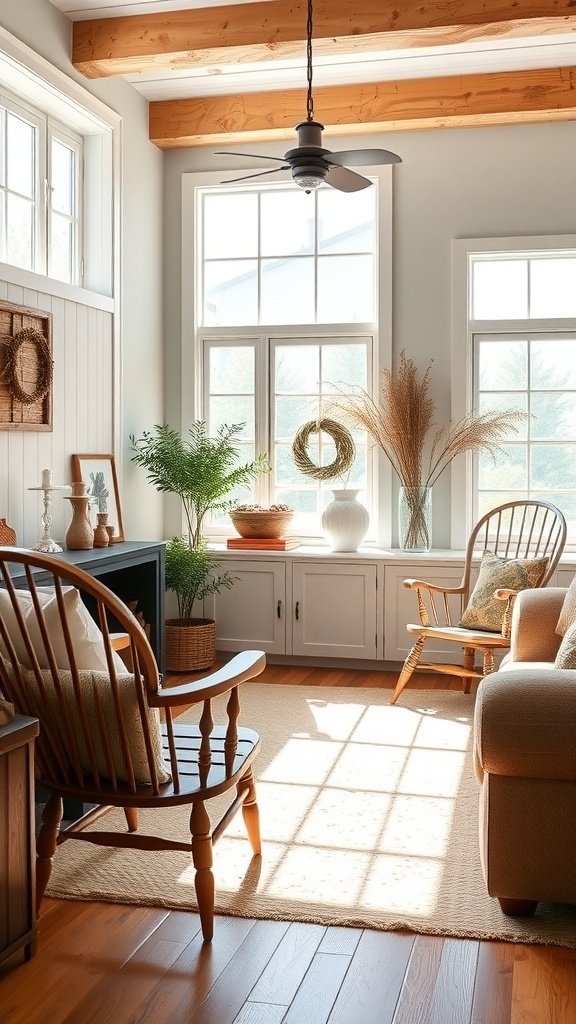 A modern farmhouse living room featuring spindle back and Windsor chairs, large windows, and wooden beams.
