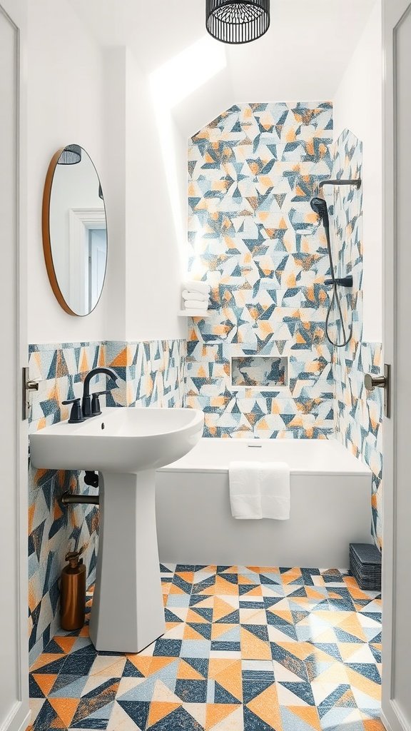 Bathroom with Neapolitan Terrazzo tiles featuring blue and orange geometric patterns.