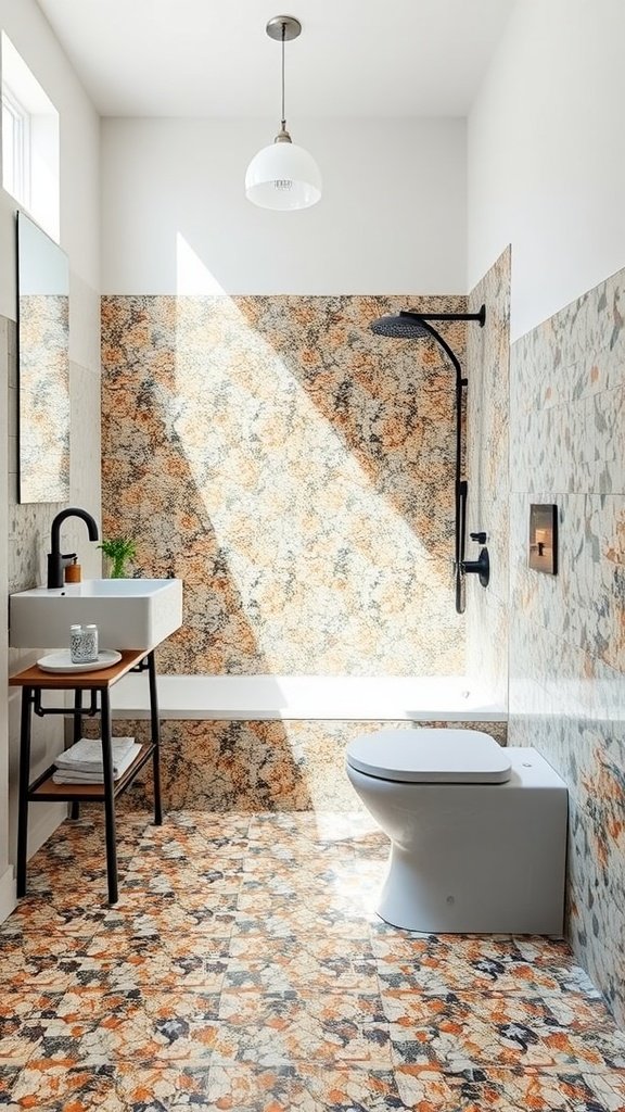 A small bathroom with Neapolitan terrazzo tiles on the floor and walls, featuring a modern shower, sink, and natural light.