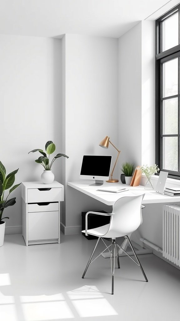 Minimalist home office with a clean workspace, plants, and natural light