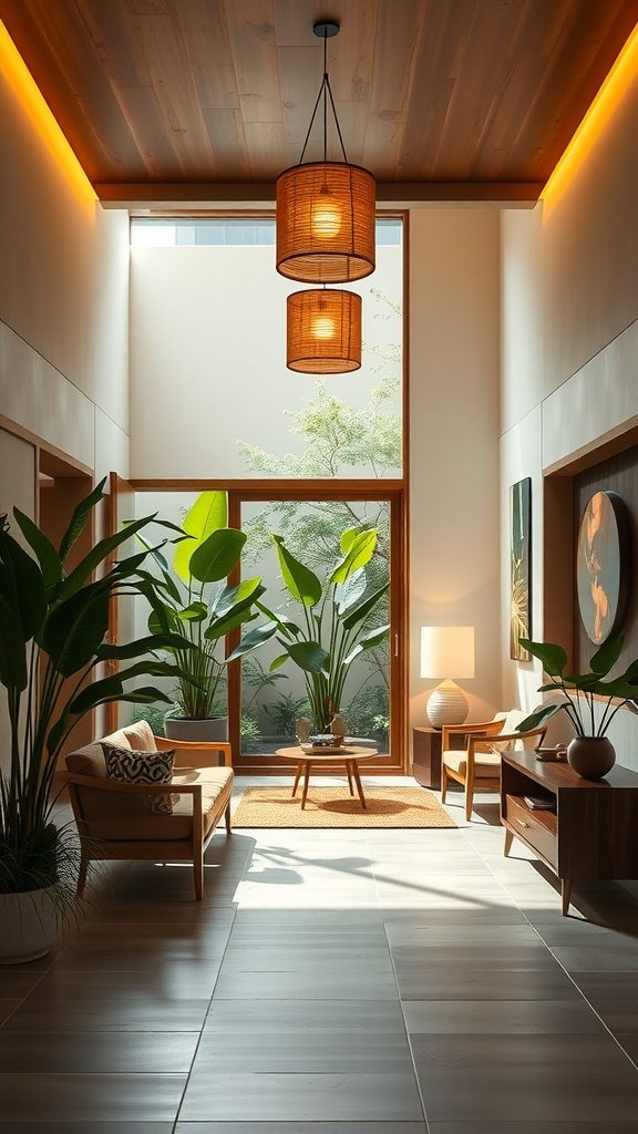 A stylish foyer featuring wooden ceiling, plants, and ambient lighting.