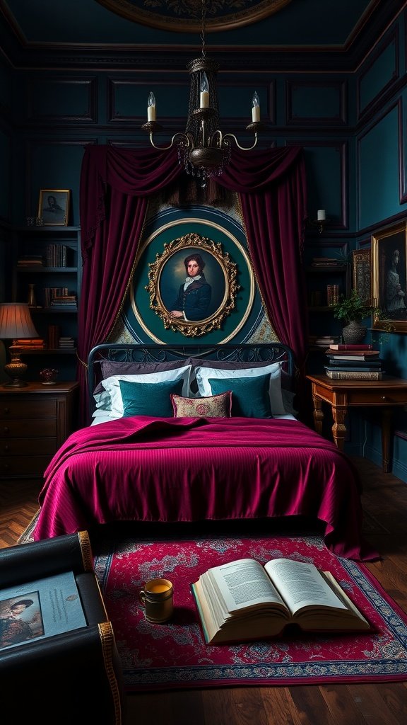 A cozy dark academia bedroom with a rich color palette featuring deep teal walls, burgundy bedding, and vintage decor.