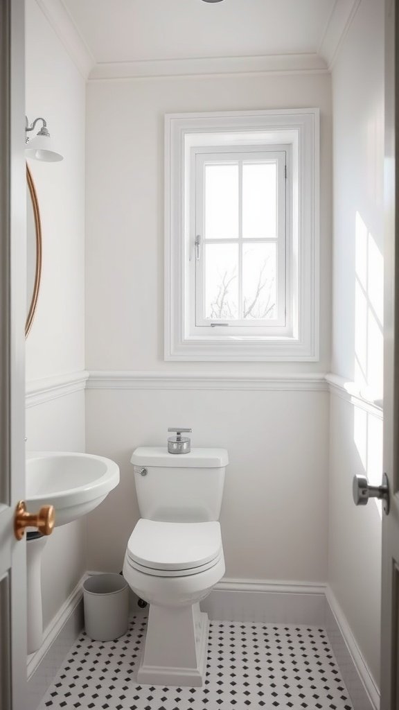 A small, bright bathroom with white walls, a round mirror, and natural light coming through a window.