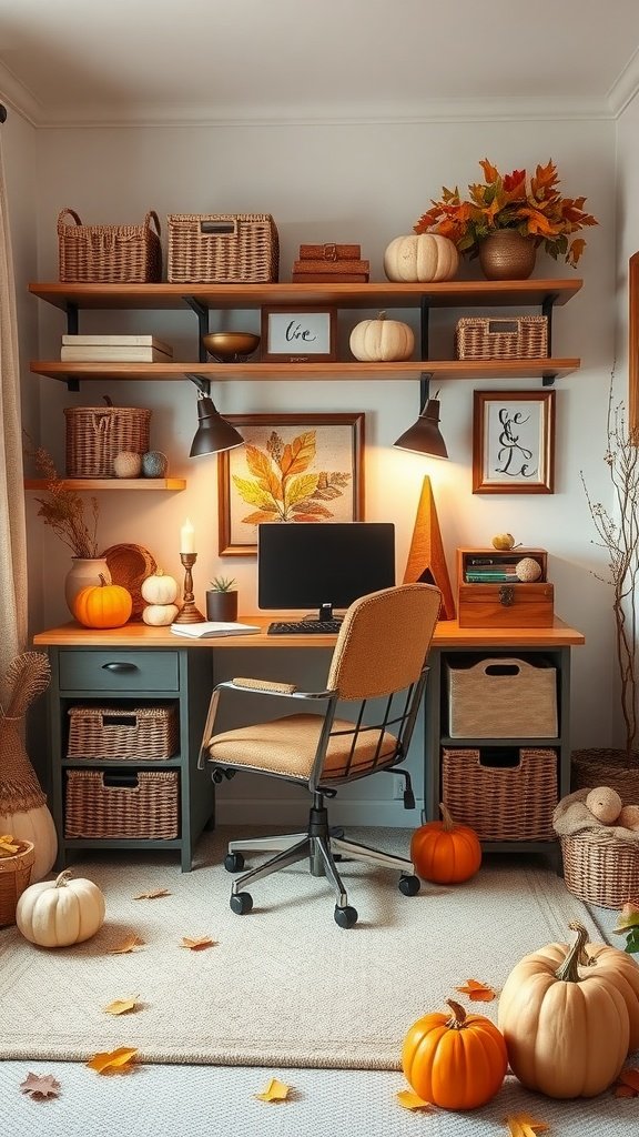 Cozy fall home office with a desk, shelves, pumpkins, and woven baskets for storage