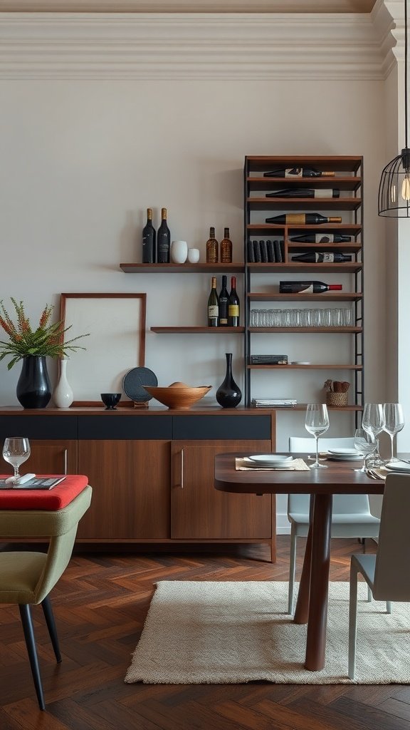 A stylish dining room featuring a wooden sideboard with wine bottles, decorative items, and a dining table set with tableware.